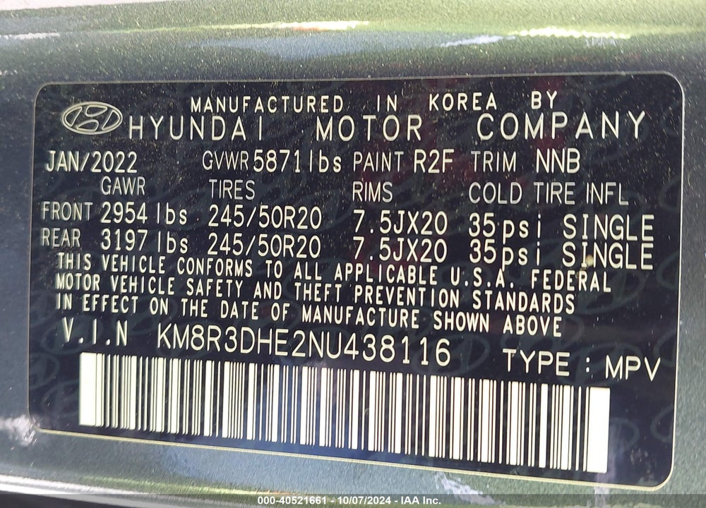 2022 HYUNDAI PALISADE SEL VIN: KM8R3DHE2NU438116