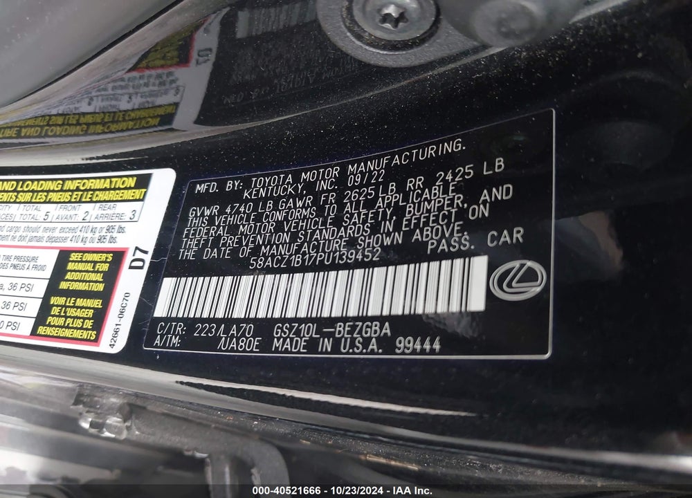 2023 LEXUS ES 350 VIN: 58ACZ1B17PU139452
