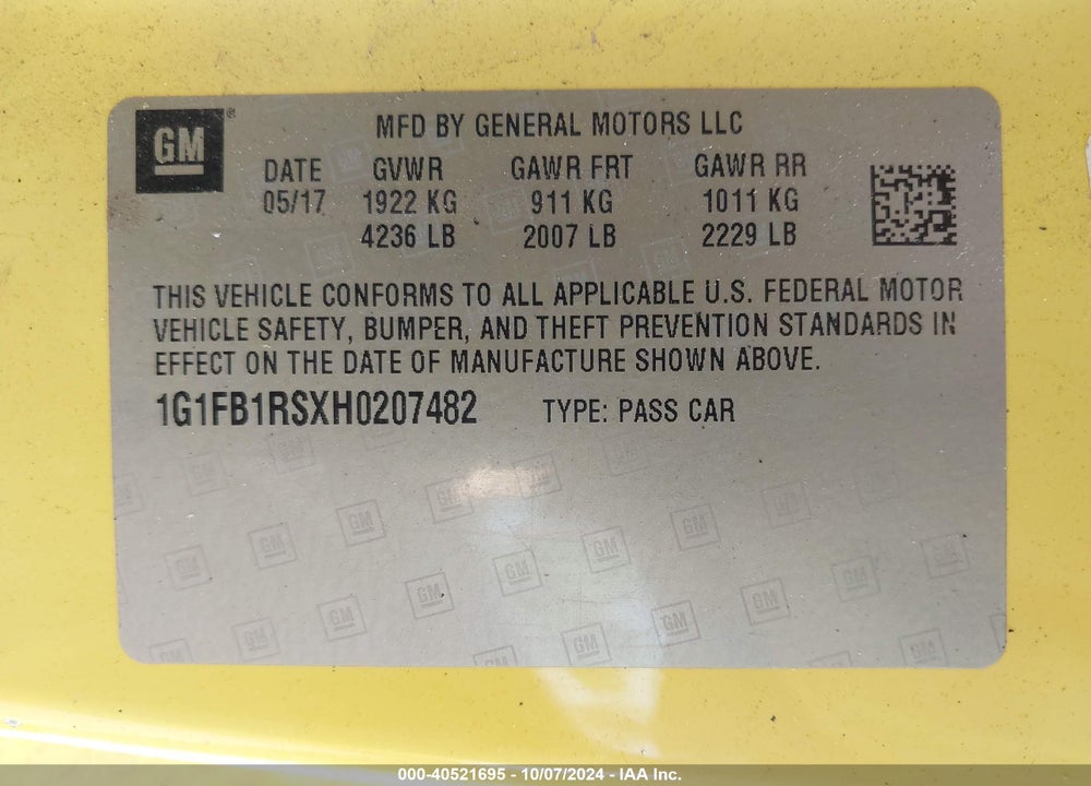 2017 CHEVROLET CAMARO 1LT VIN: 1G1FB1RSXH0207482