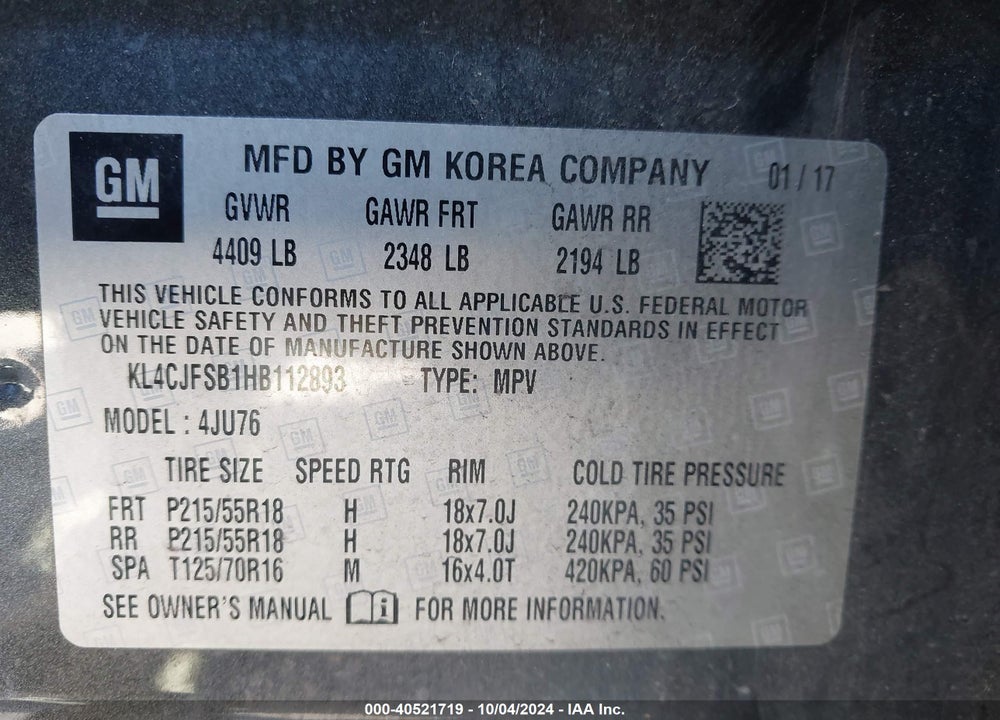 2017 BUICK ENCORE PREFERRED II VIN: KL4CJFSB1HB112893