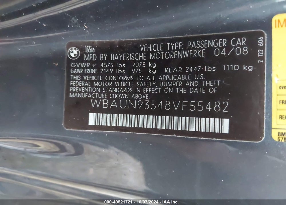 2008 BMW 135I VIN: WBAUN93548VF55482