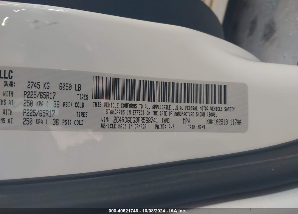 2015 DODGE GRAND CARAVAN SXT VIN: 2C4RDGCG3FR568741