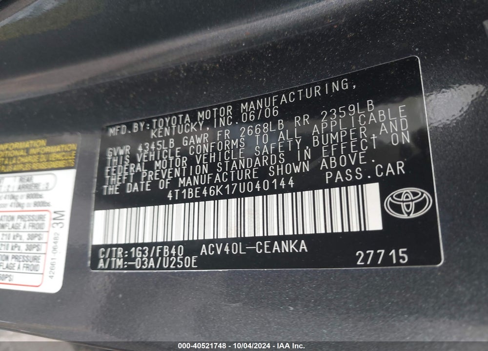 2007 TOYOTA CAMRY LE VIN: 4T1BE46K17U040144