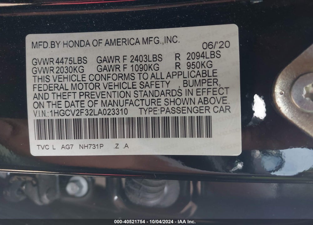 2020 HONDA ACCORD SPORT 2.0T VIN: 1HGCV2F32LA023310