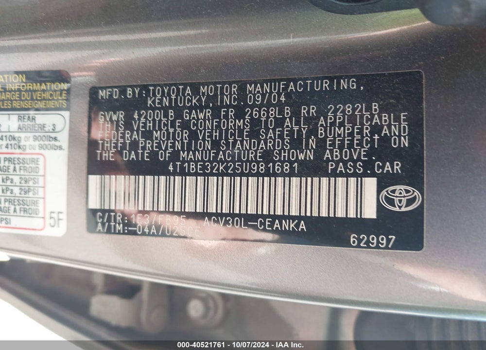 2005 TOYOTA CAMRY LE VIN: 4T1BE32K25U981681