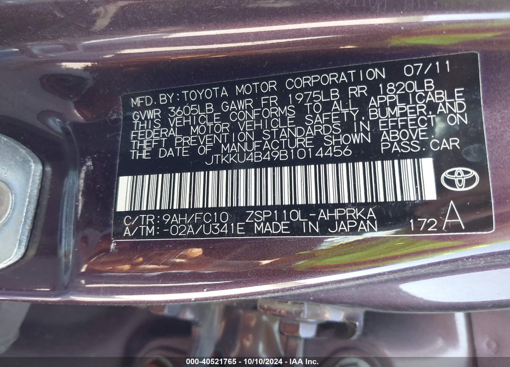 2011 SCION XD VIN: JTKKU4B49B1014456