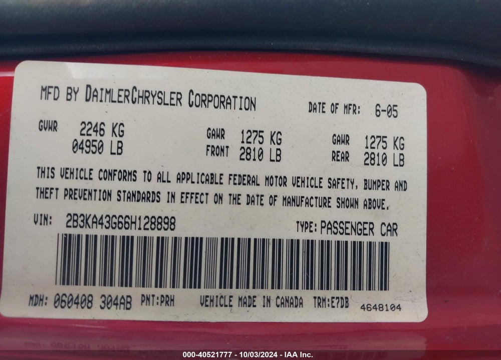 2006 DODGE CHARGER VIN: 2B3KA43G66H128898