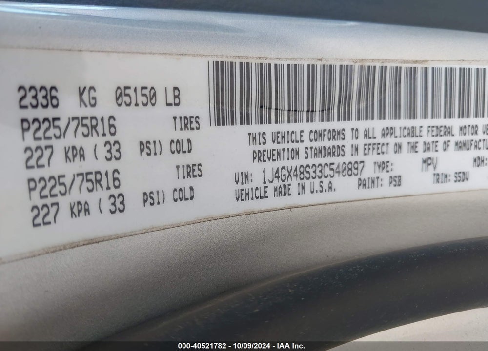 2003 JEEP GRAND CHEROKEE LAREDO VIN: 1J4GX48S33C540897