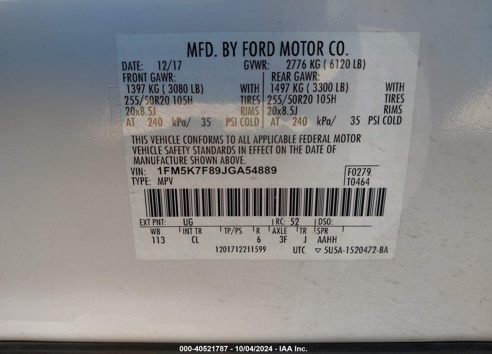 2018 FORD EXPLORER LIMITED VIN: 1FM5K7F89JGA54889