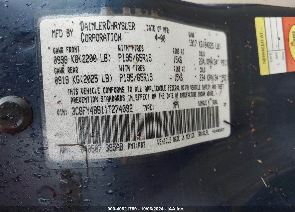 2001 CHRYSLER PT CRUISER VIN: 3C8FY4BB11T274092