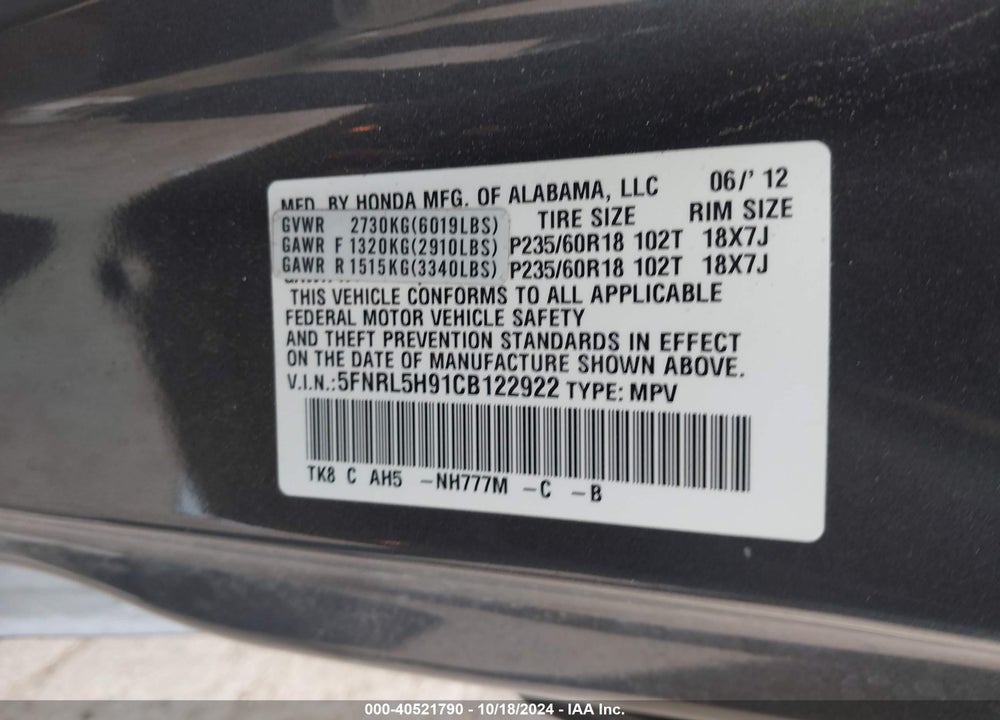 2012 HONDA ODYSSEY TOURING/TOURING ELITE VIN: 5FNRL5H91CB122922
