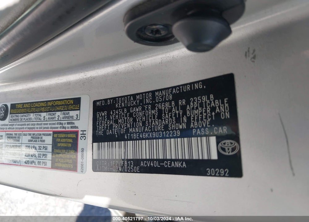 2009 TOYOTA CAMRY LE VIN: 4T1BE46KX9U312239