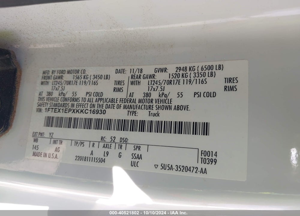 2019 FORD F-150 XL VIN: 1FTEX1EPXKKC16930