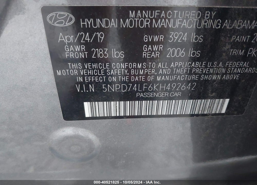 2019 HYUNDAI ELANTRA SE VIN: 5NPD74LF6KH492642