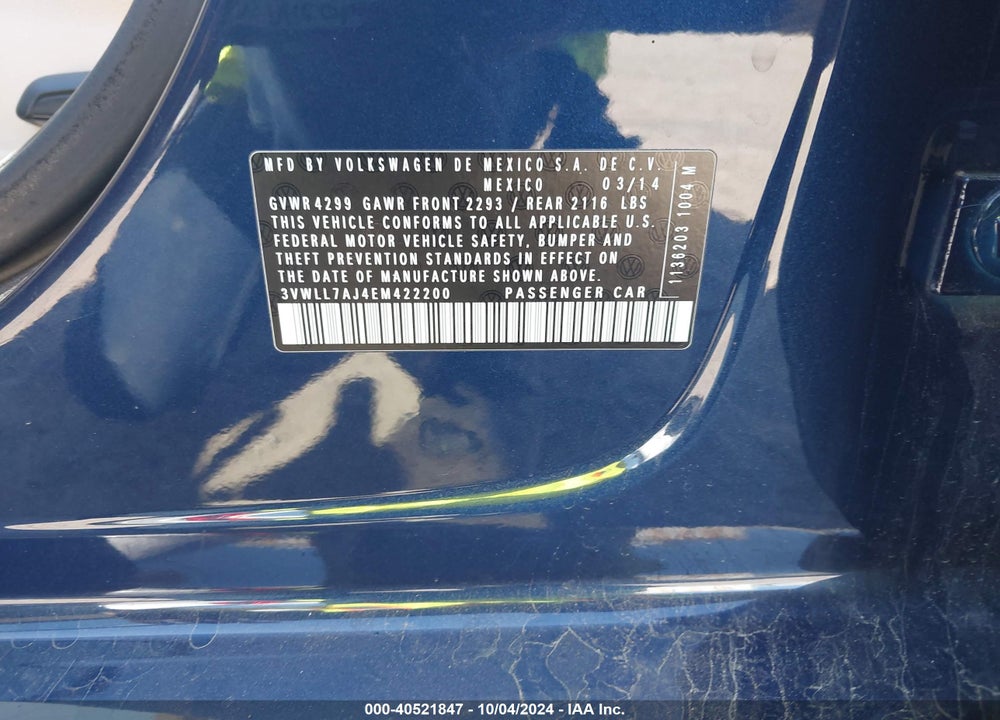2014 VOLKSWAGEN JETTA 2.0L TDI VIN: 3VWLL7AJ4EM422200