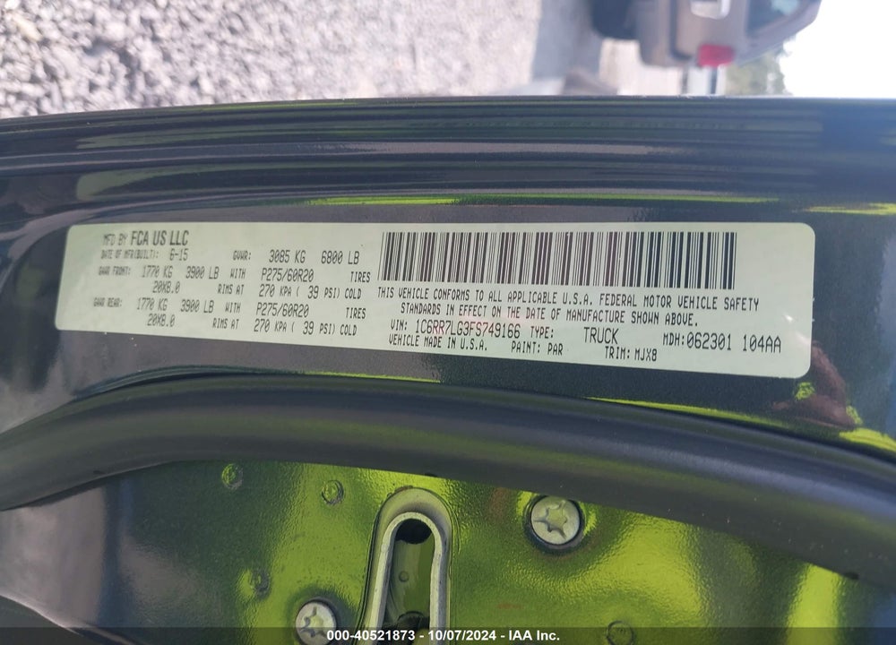 2015 RAM 1500 OUTDOORSMAN VIN: 1C6RR7LG3FS749166