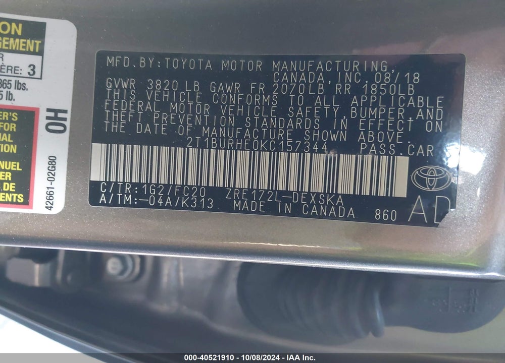 2019 TOYOTA COROLLA SE VIN: 2T1BURHE0KC157344