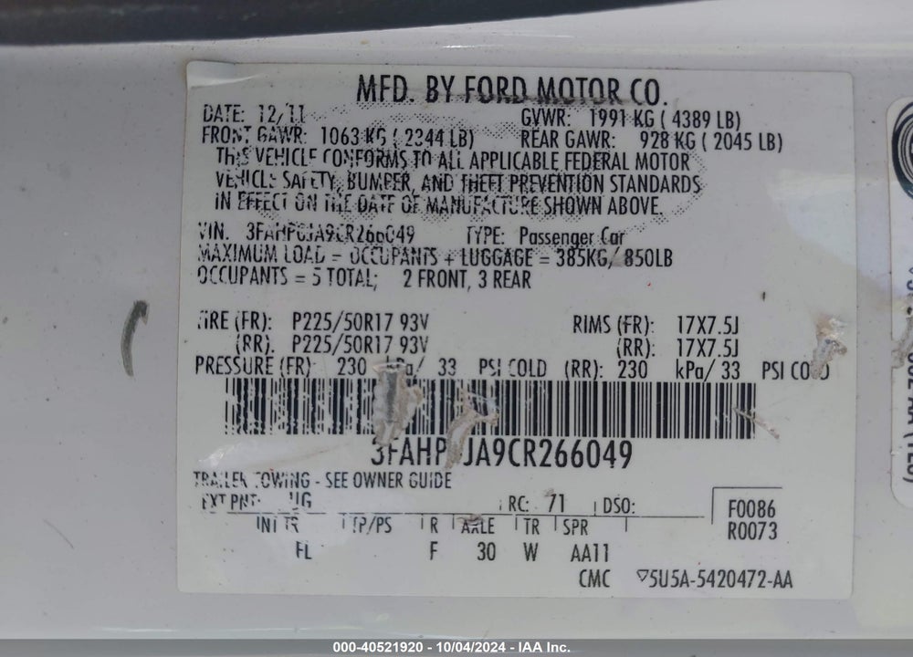 2012 FORD FUSION SEL VIN: 3FAHP0JA9CR266049
