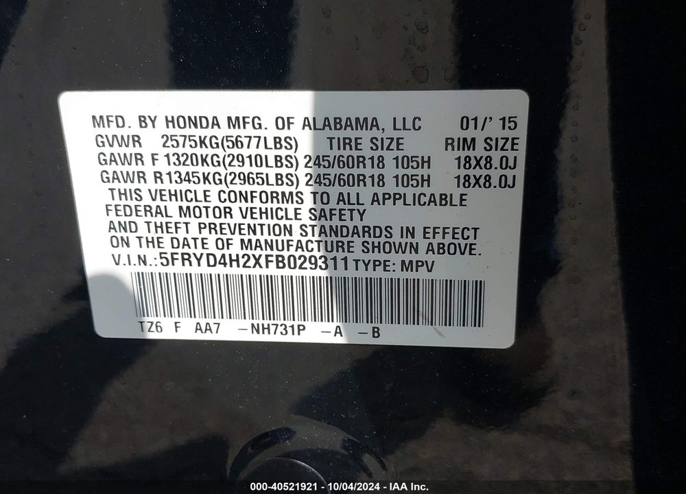 2015 ACURA MDX VIN: 5FRYD4H2XFB029311