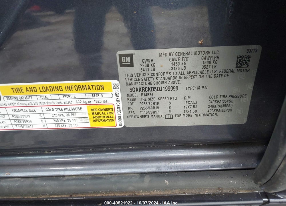 2013 BUICK ENCLAVE LEATHER VIN: 5GAKRCKD5DJ199998