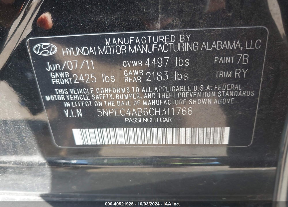 2012 HYUNDAI SONATA LIMITED 2.0T VIN: 5NPEC4AB6CH311766