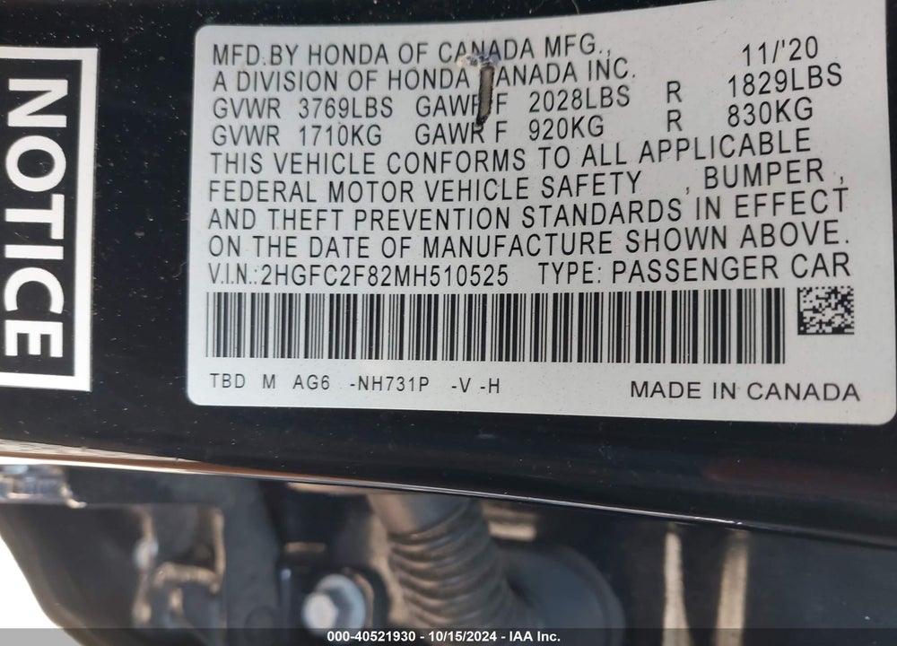 2021 HONDA CIVIC SPORT VIN: 2HGFC2F82MH510525