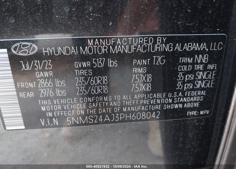 2023 HYUNDAI SANTA FE SEL VIN: 5NMS24AJ3PH608042