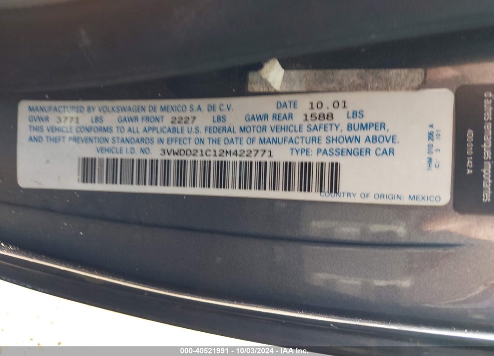 2002 VOLKSWAGEN NEW BEETLE GLX VIN: 3VWDD21C12M422771