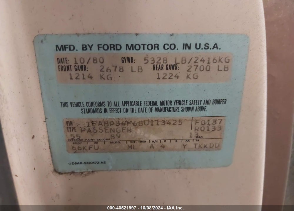 1981 FORD LTD CROWN VICTORIA VIN: 1FABP34F6BU113425