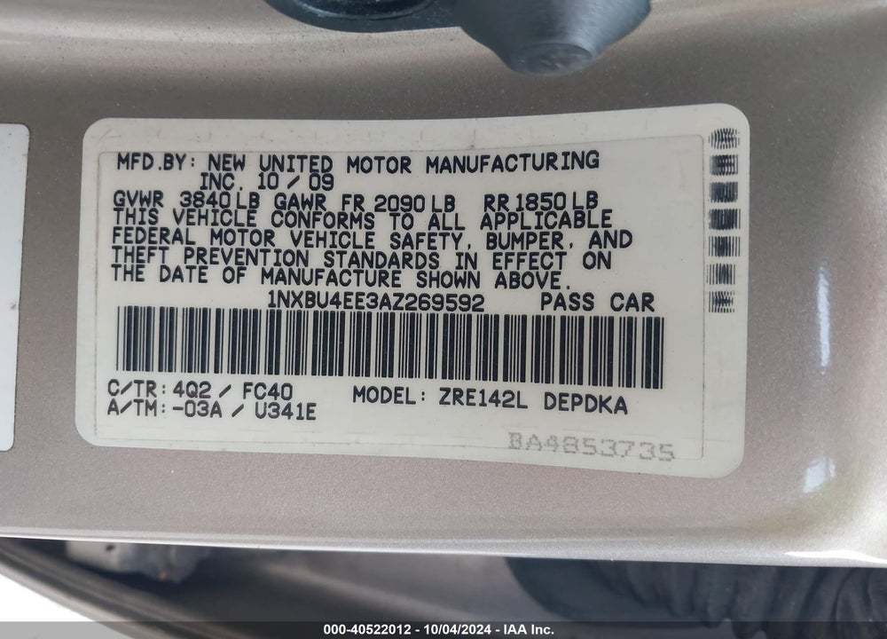 2010 TOYOTA COROLLA LE VIN: 1NXBU4EE3AZ269592