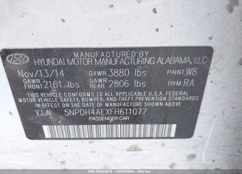 2015 HYUNDAI ELANTRA SE VIN: 5NPDH4AEXFH611077