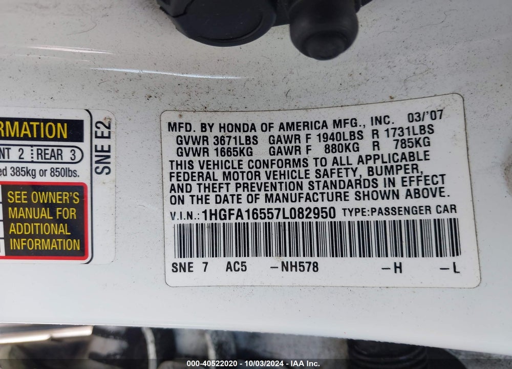 2007 HONDA CIVIC LX VIN: 1HGFA16557L082950
