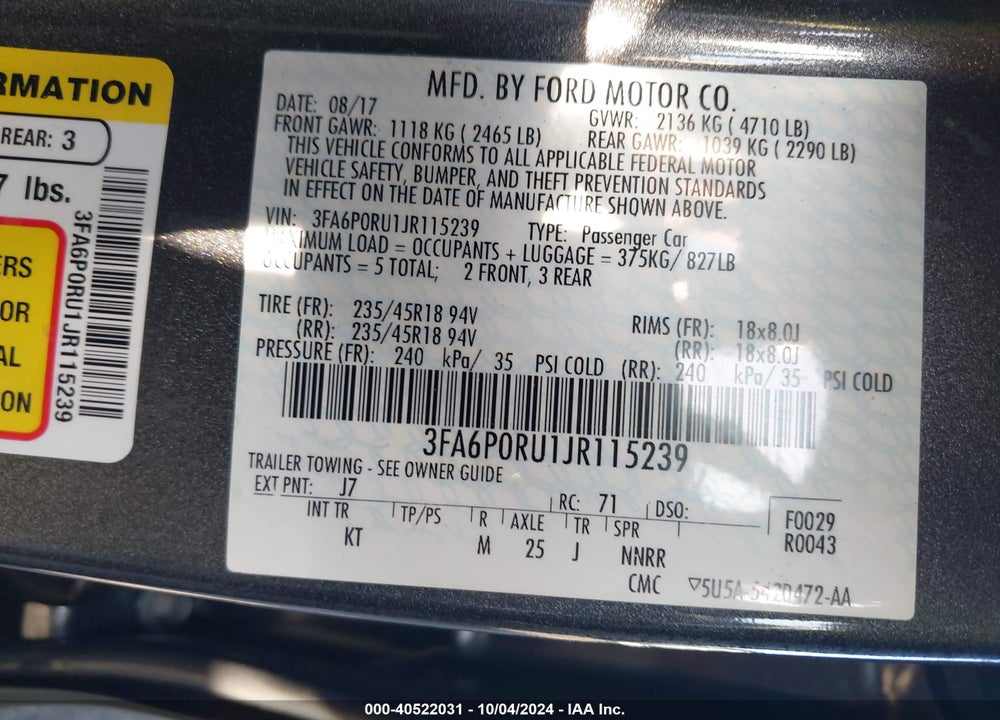2018 FORD FUSION HYBRID TITANIUM VIN: 3FA6P0RU1JR115239