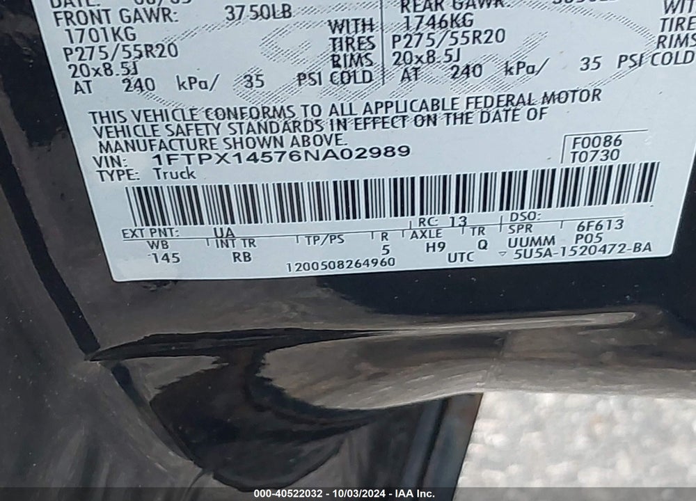 2006 FORD F-150 VIN: 1FTPX14576NA02989