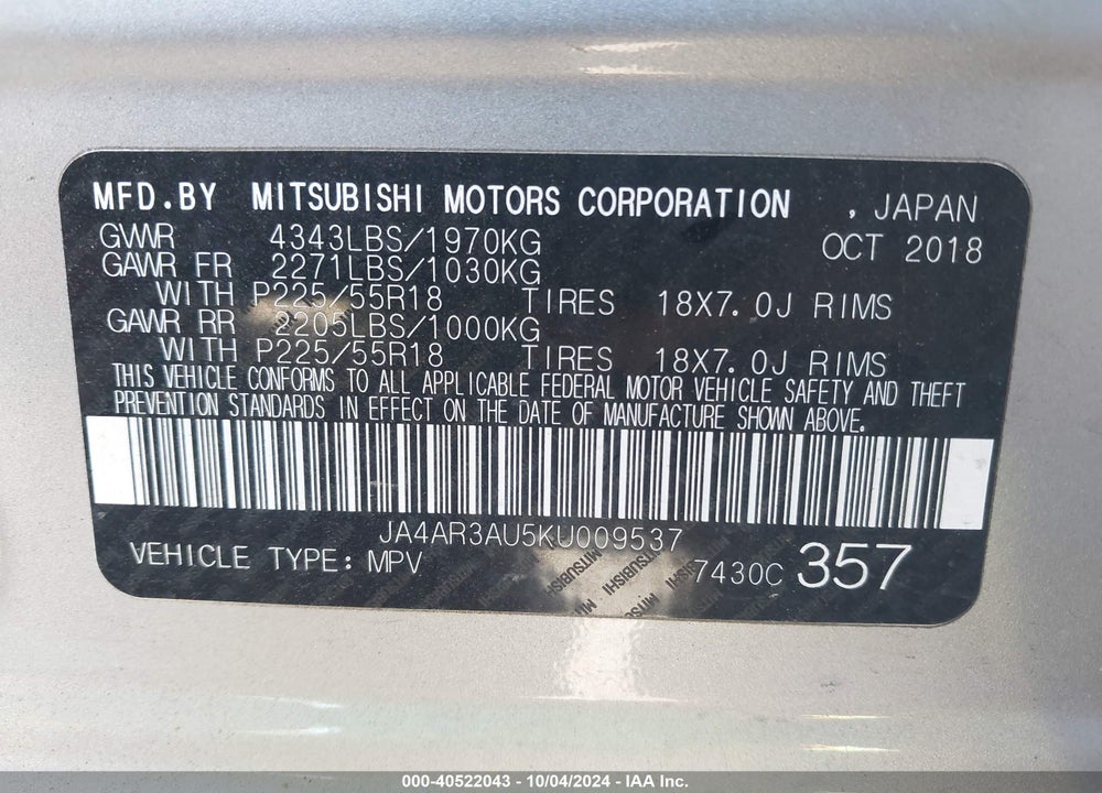 2019 MITSUBISHI OUTLANDER SPORT 2.0 LE VIN: JA4AR3AU5KU009537