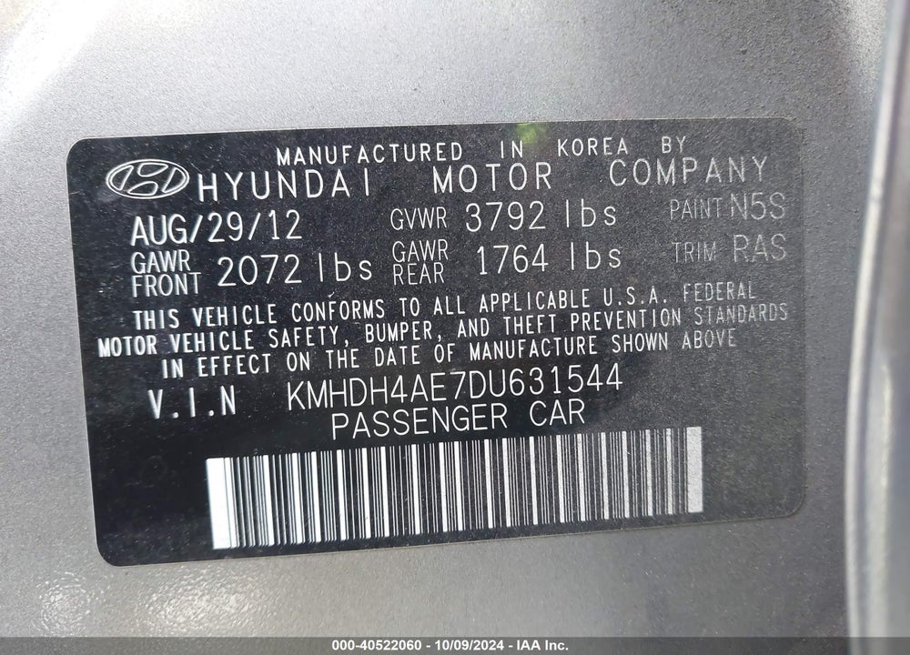 2013 HYUNDAI ELANTRA GLS VIN: KMHDH4AE7DU631544
