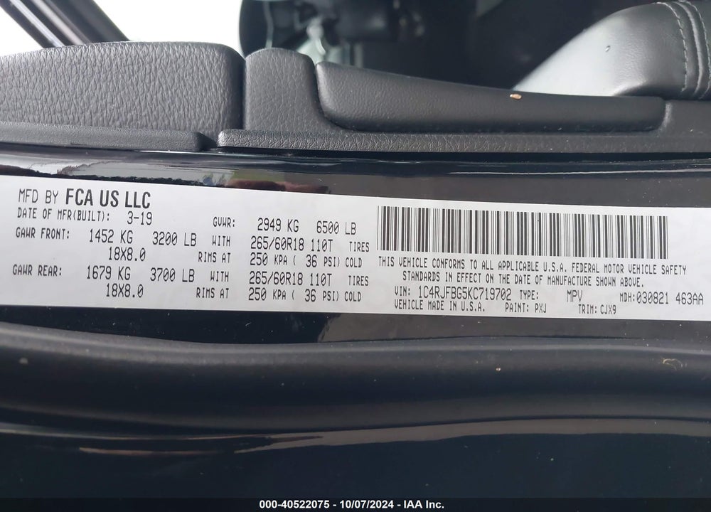 2019 JEEP GRAND CHEROKEE LIMITED 4X4 VIN: 1C4RJFBG5KC719702