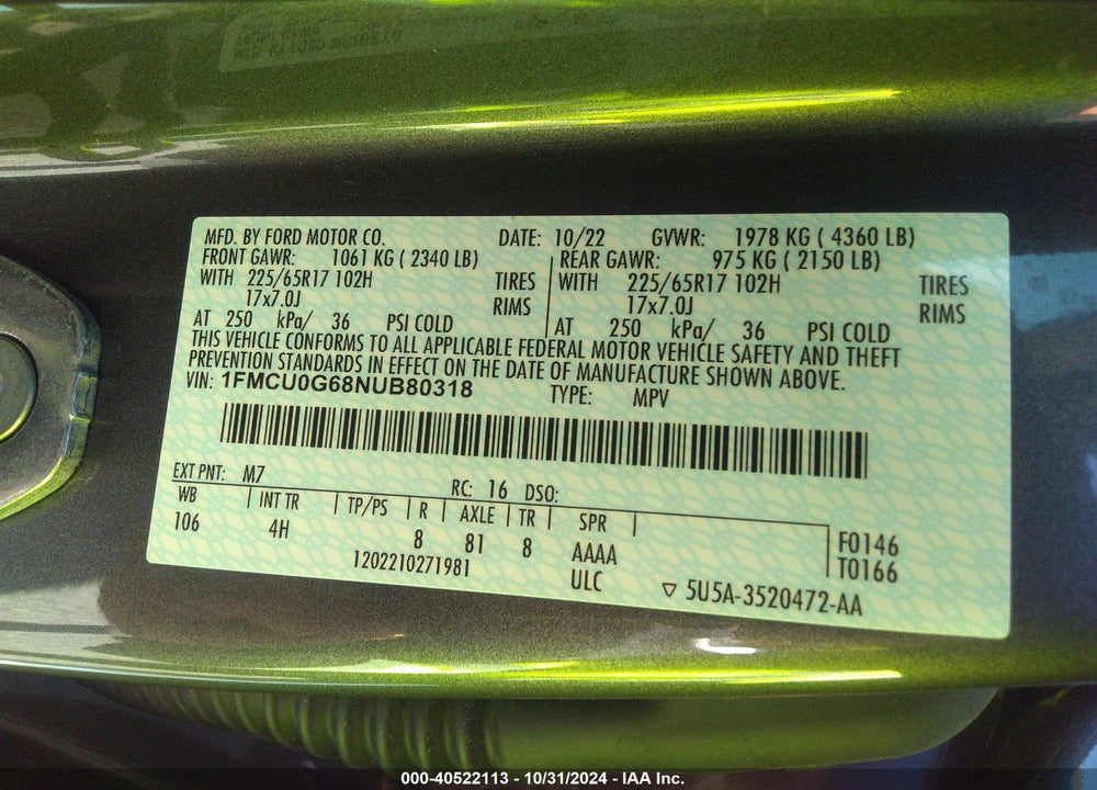 2022 FORD ESCAPE SE VIN: 1FMCU0G68NUB80318