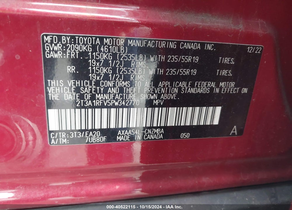2023 TOYOTA RAV4 XLE PREMIUM VIN: 2T3A1RFV5PW342770