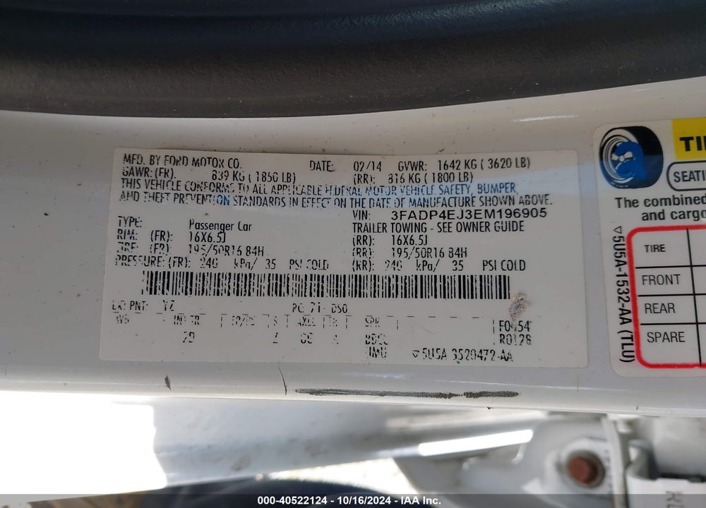 2014 FORD FIESTA SE VIN: 3FADP4EJ3EM196905