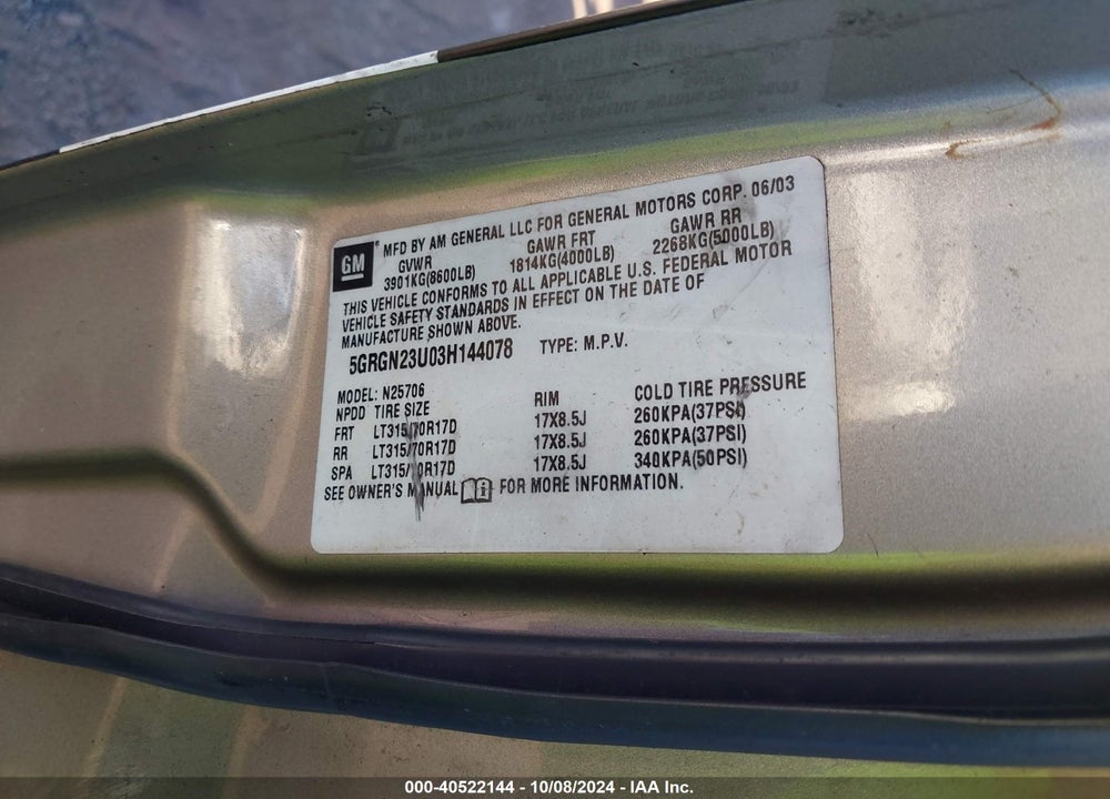 2003 HUMMER H2 VIN: 5GRGN23U03H144078