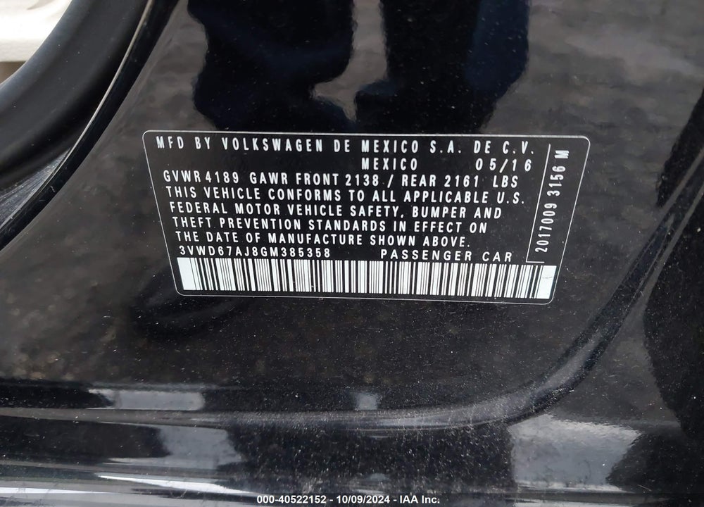 2016 VOLKSWAGEN JETTA VIN: 3VWD67AJ8GM385358