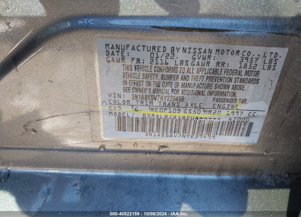 2022 NISSAN SENTRA S XTRONIC CVT VIN: 3N1AB8BV7NY239499
