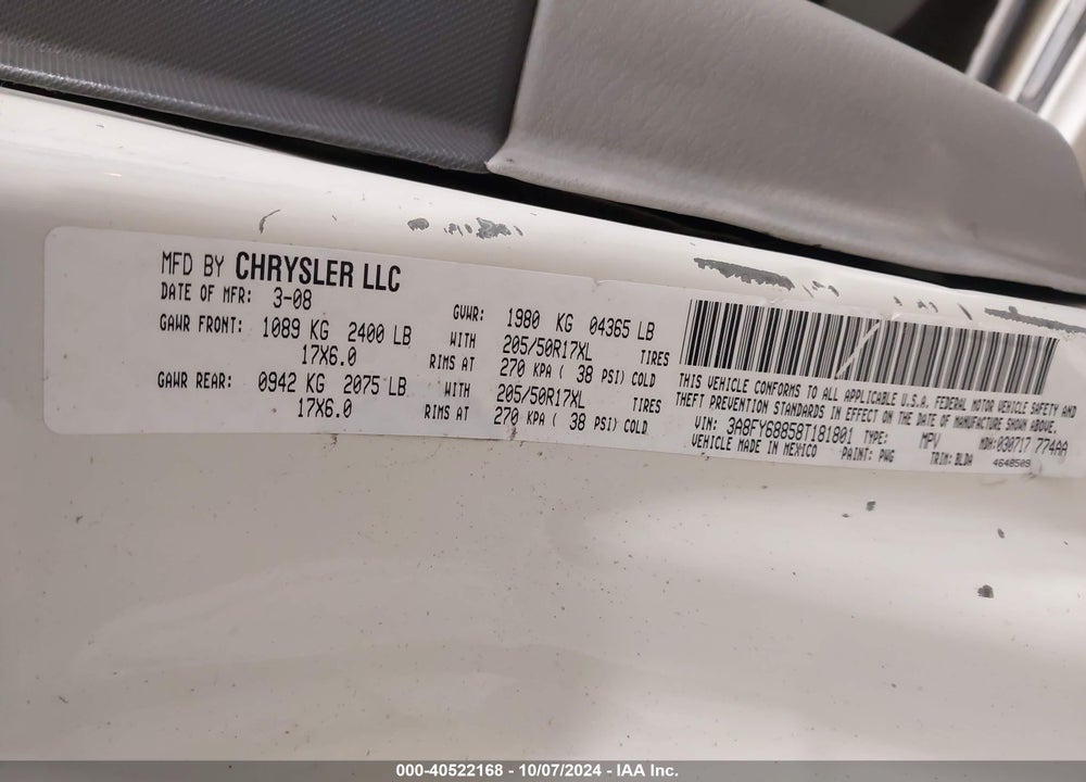 2008 CHRYSLER PT CRUISER LIMITED VIN: 3A8FY68858T181801