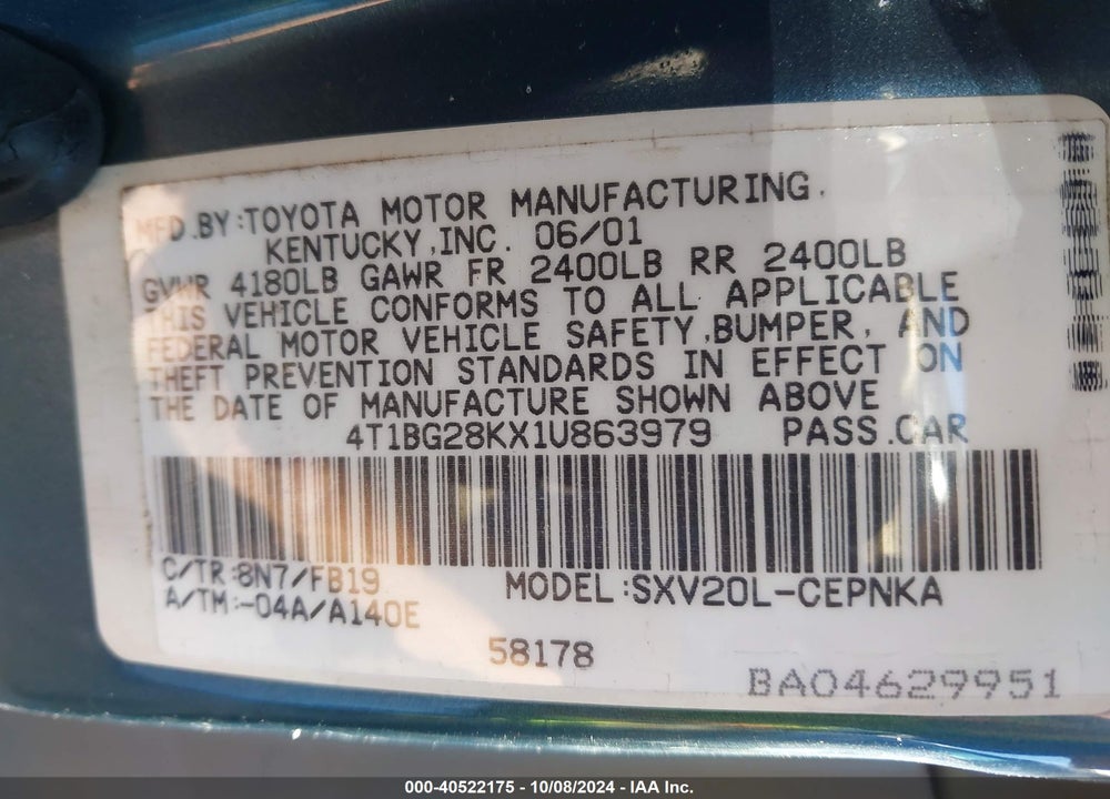2001 TOYOTA CAMRY LE VIN: 4T1BG28KX1U863979