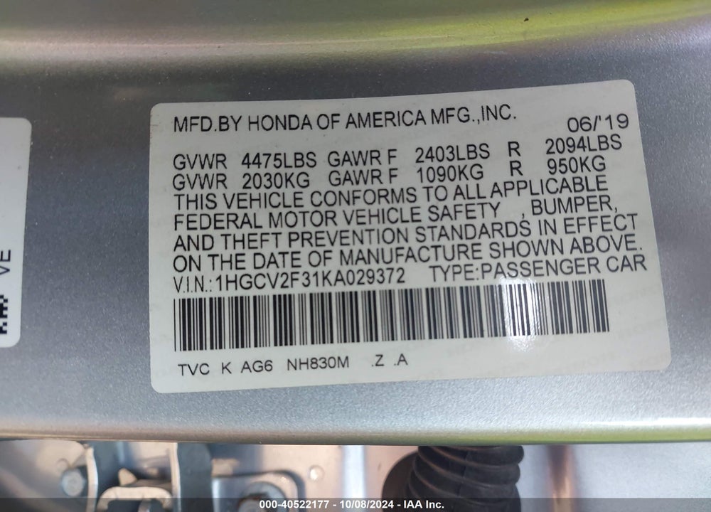 2019 HONDA ACCORD SPORT 2.0T VIN: 1HGCV2F31KA029372