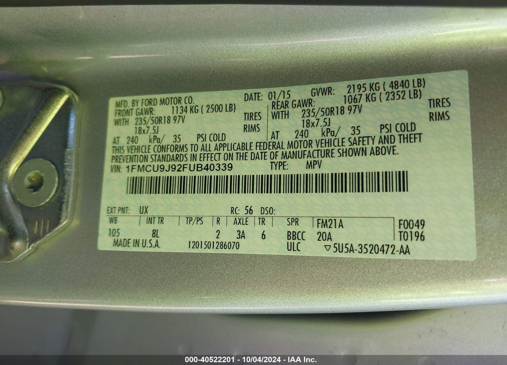 2015 FORD ESCAPE TITANIUM VIN: 1FMCU9J92FUB40339