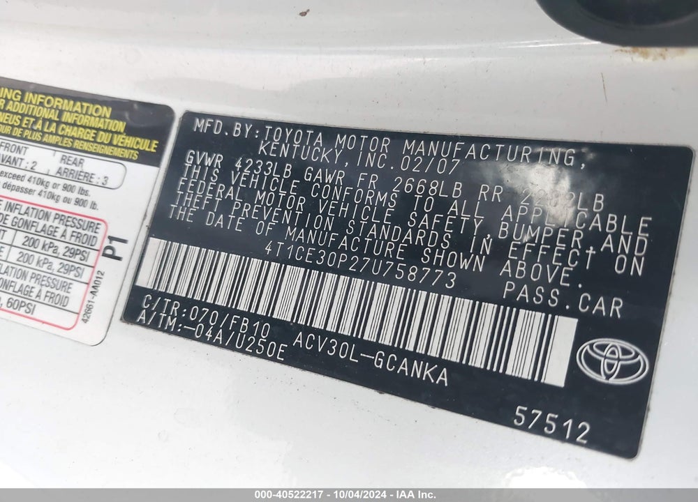 2007 TOYOTA CAMRY SOLARA SE VIN: 4T1CE30P27U758773