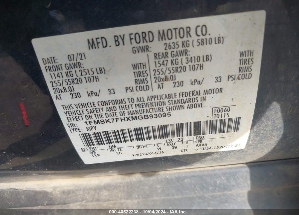 2021 FORD EXPLORER LIMITED VIN: 1FMSK7FHXMGB93095