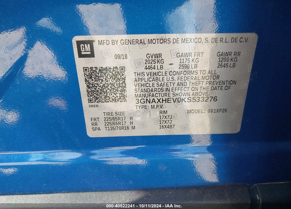 2019 CHEVROLET EQUINOX LS VIN: 3GNAXHEV0KS533276